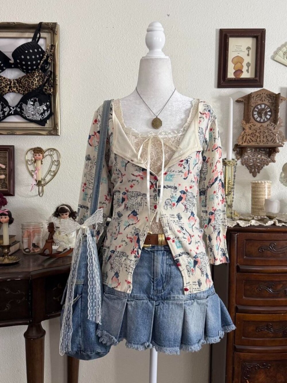 Y2k quirky indie girl whimsical graphic bird print boho 3/4 sleeve cardigan